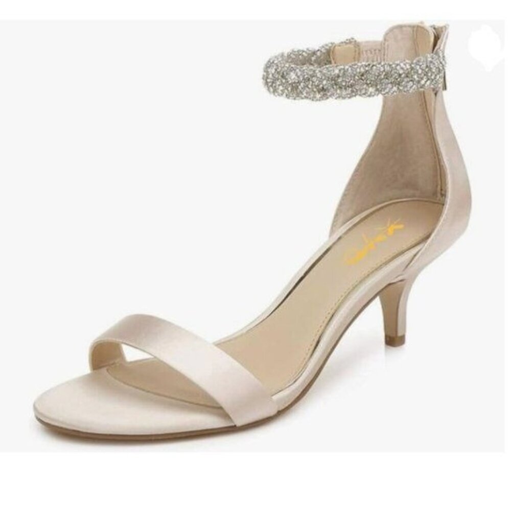 XYD Beige Ankle Strap Kitten Heel Sandal Cute Rhinestone Bridal Party Dress Shoe